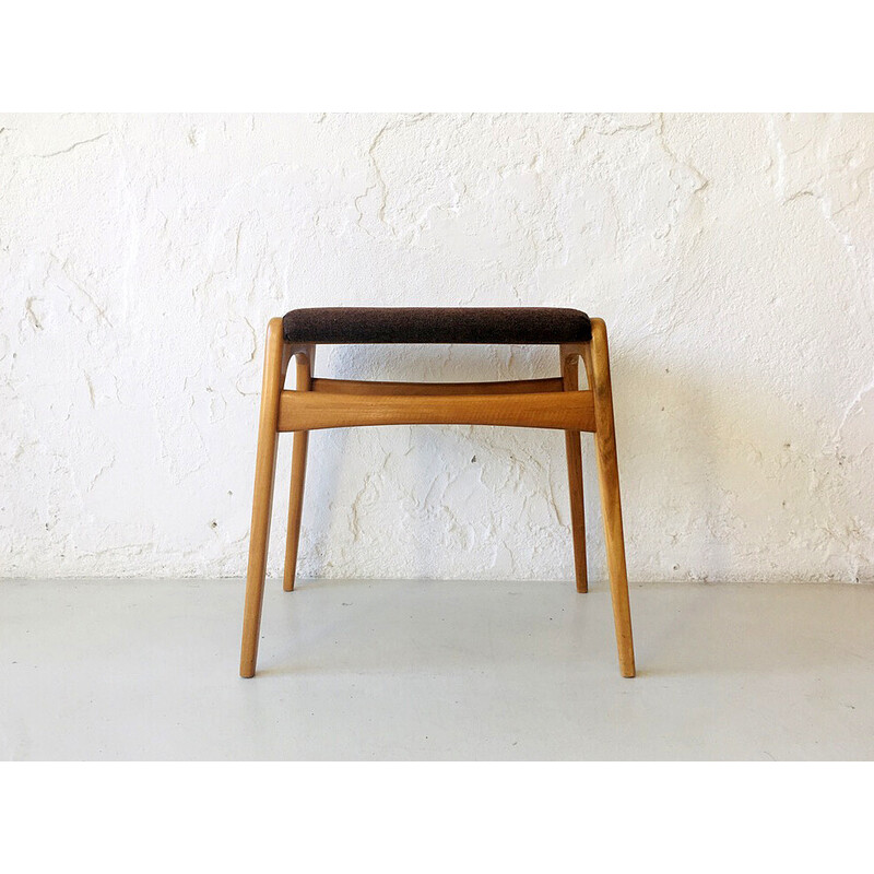 Tabouret vintage en bouleau et tissu en laine marron, Danemark 1960