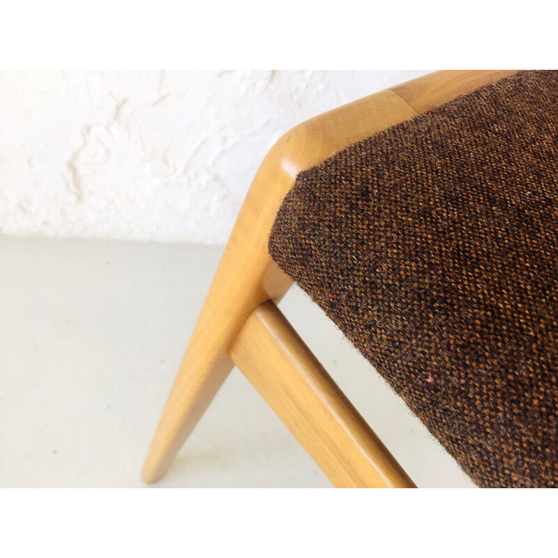 Vintage stool in birch and brown wool fabric, Denmark 1960