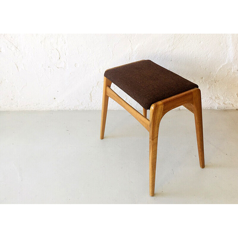 Vintage stool in birch and brown wool fabric, Denmark 1960