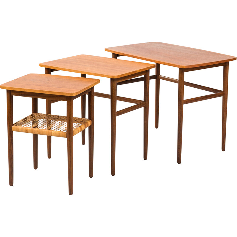 Vintage teak and rattan nesting tables by Johannes Andersen, Denmark 1960