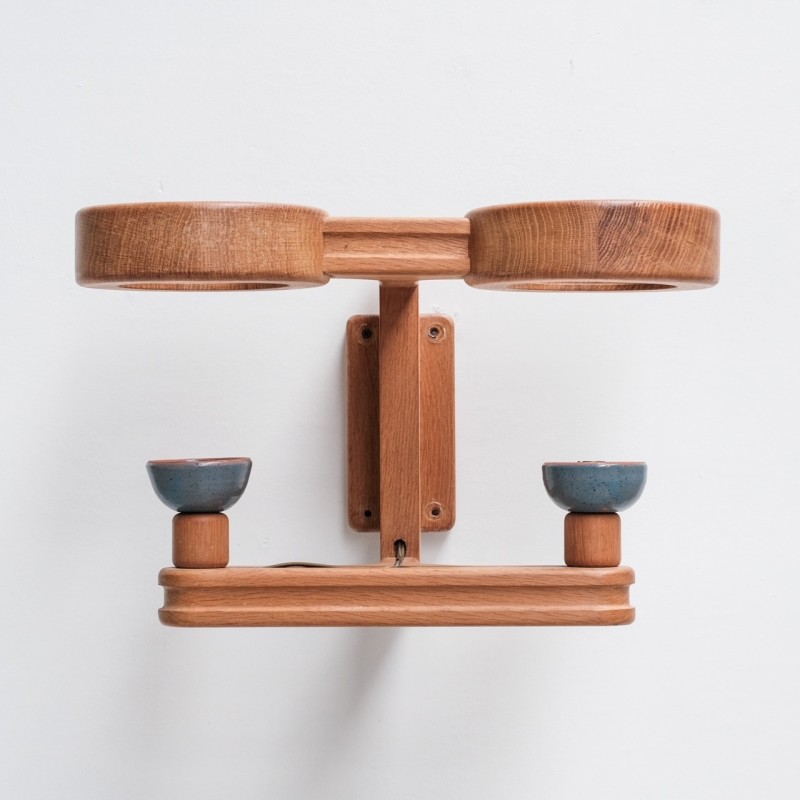 Pair of vintage oak and ceramic wall lights by Guillerme and Chambron, France 1960