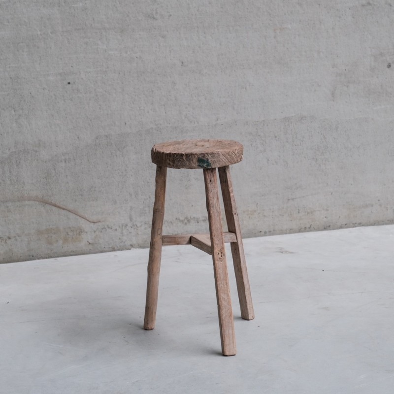 Vintage primitive French wooden stool, France 1940