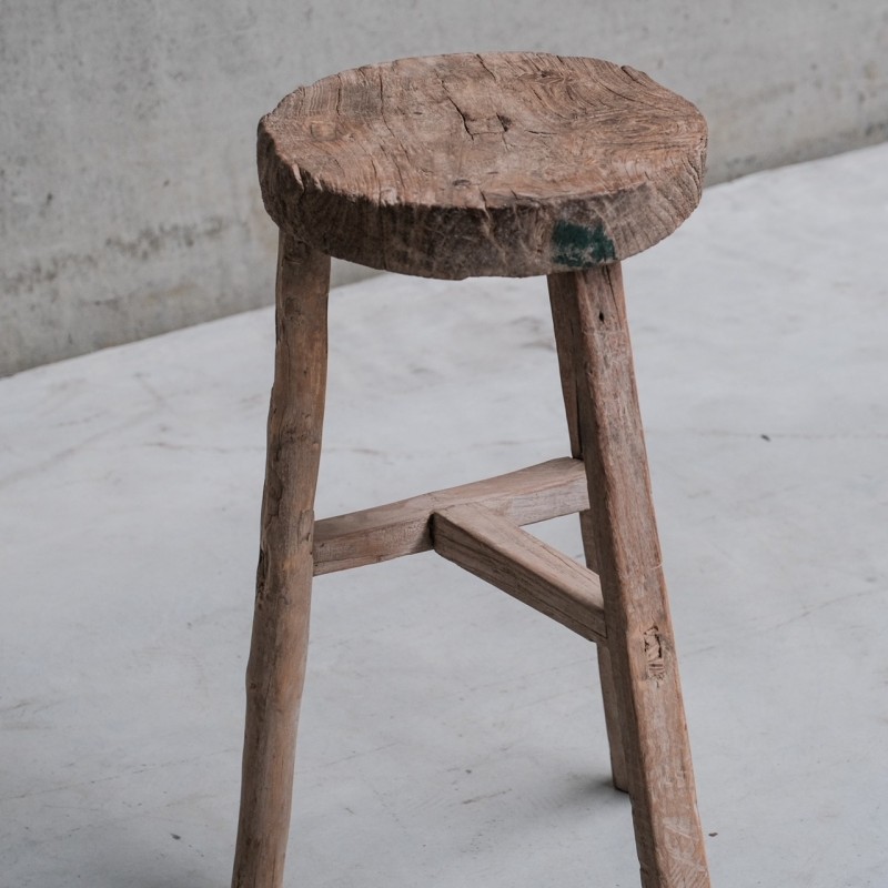 Vintage primitive French wooden stool, France 1940