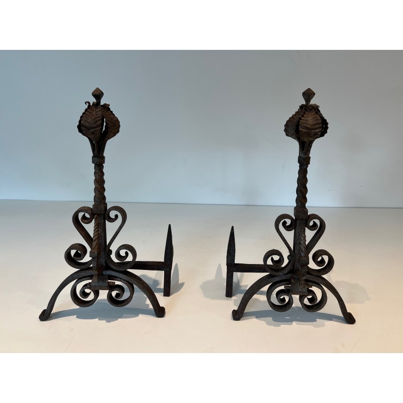 Pair of vintage wrought iron andirons decorated with foliage and scrolls, 1900