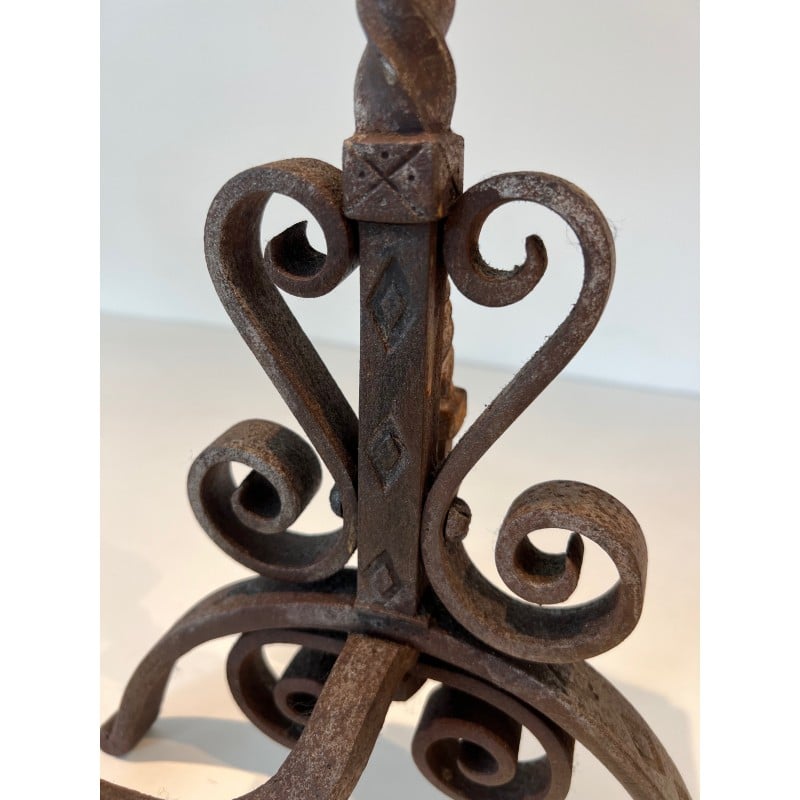 Pair of vintage wrought iron andirons decorated with foliage and scrolls, 1900