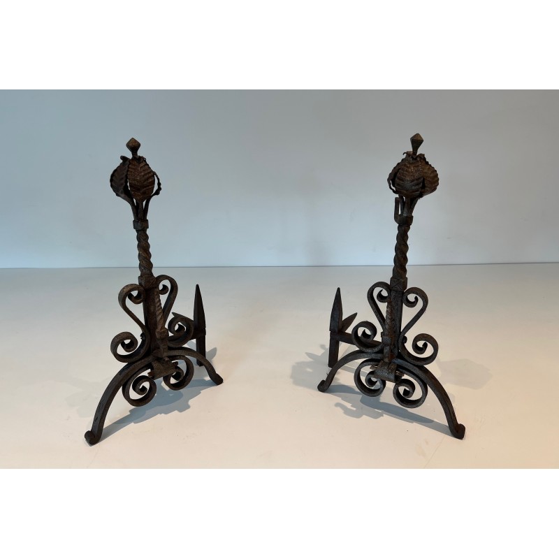 Pair of vintage wrought iron andirons decorated with foliage and scrolls, 1900