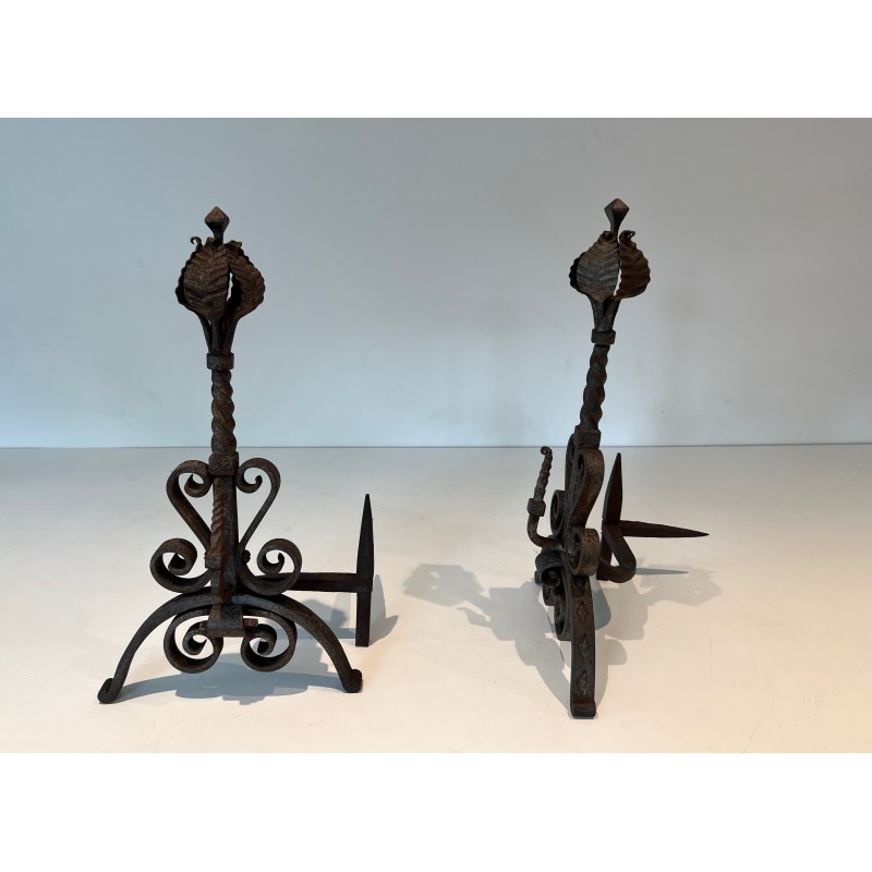 Pair of vintage wrought iron andirons decorated with foliage and scrolls, 1900