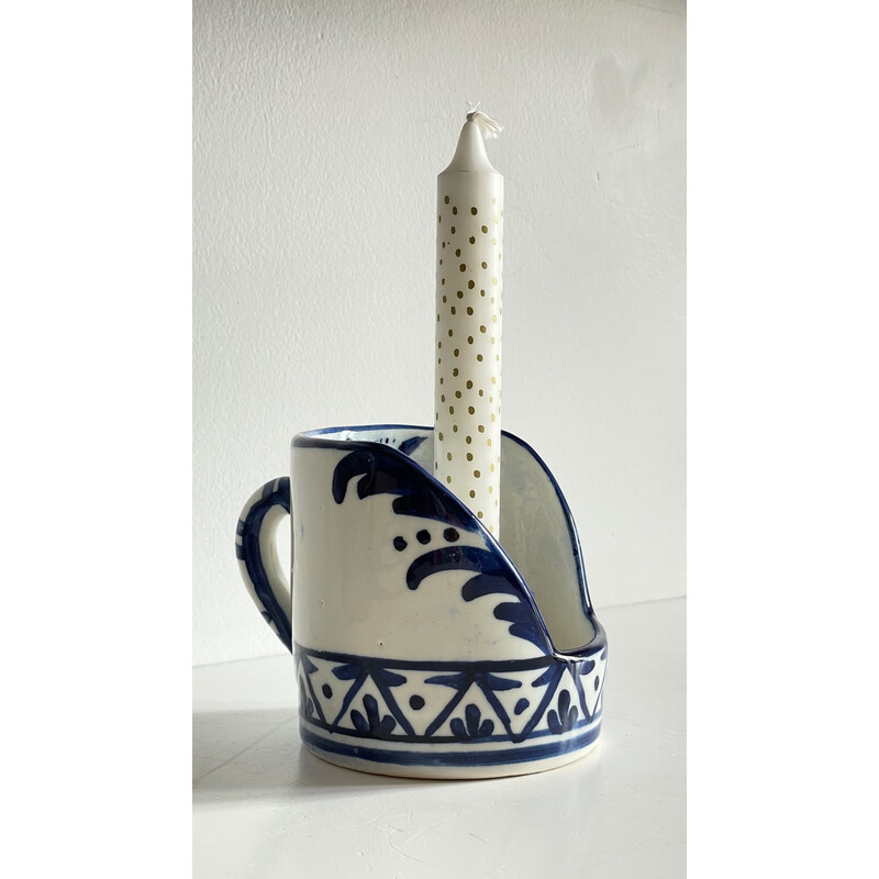 Suporte para velas de mão em cerâmica azul vintage
