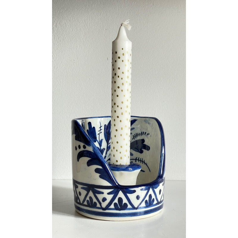 Vintage hand candlestick in blue ceramic