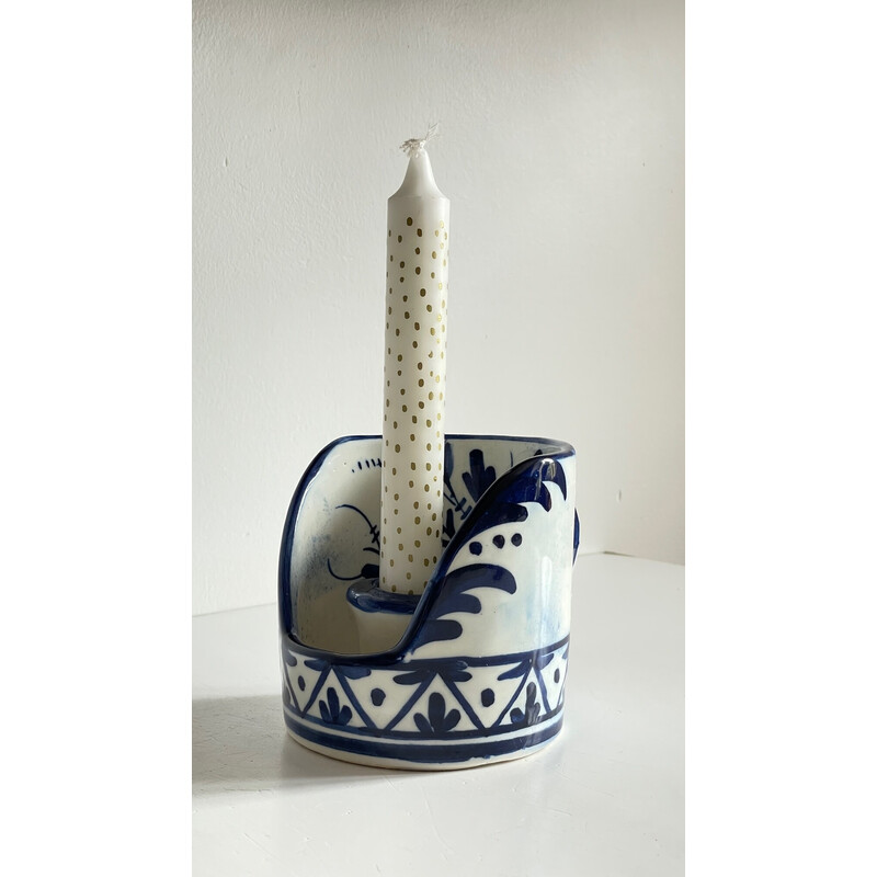 Vintage hand candlestick in blue ceramic