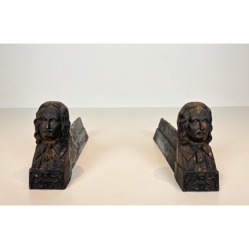 Pair of vintage cast iron andirons featuring Beethoven, France 1900