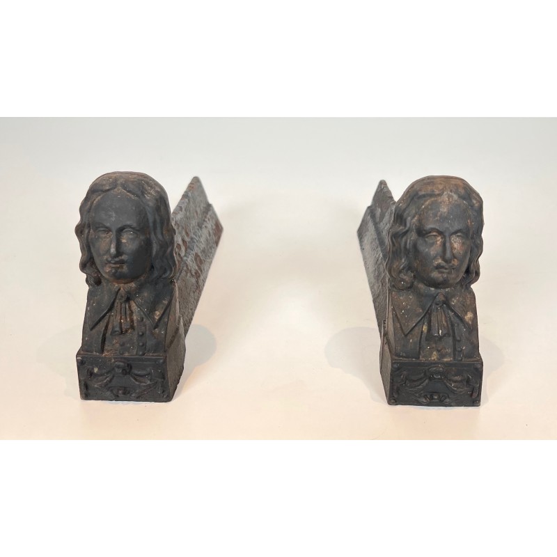 Pair of vintage cast iron andirons featuring Beethoven, France 1900