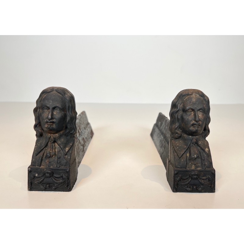Pair of vintage cast iron andirons featuring Beethoven, France 1900