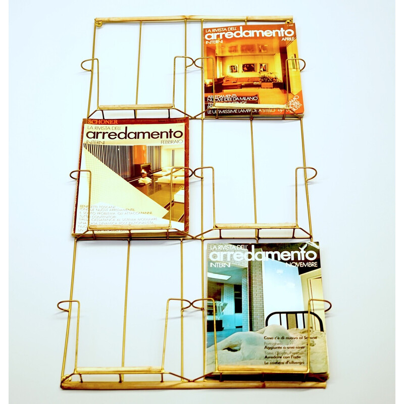 Vintage wall-mounted magazine rack in metal and bamboo wood, 1970