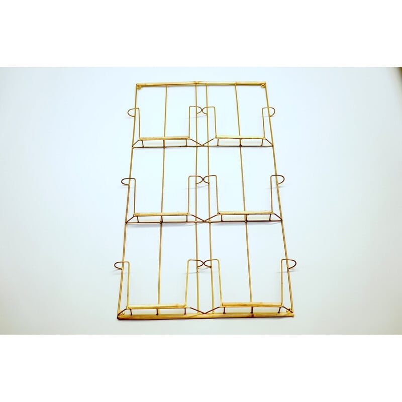 Vintage wall-mounted magazine rack in metal and bamboo wood, 1970