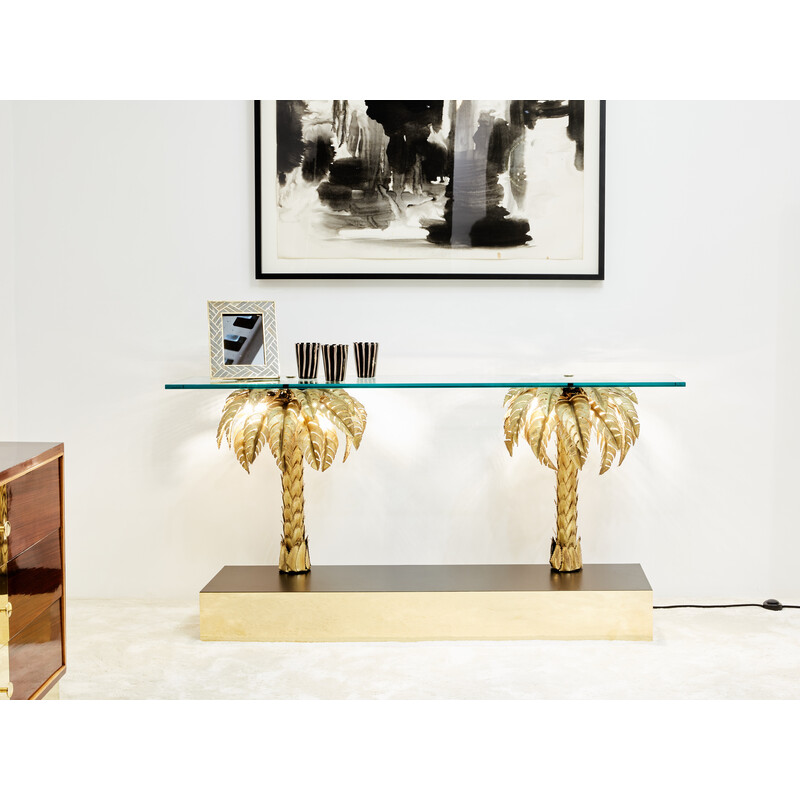 Vintage palm tree console in brass and glass for Maison Jansen, 1970