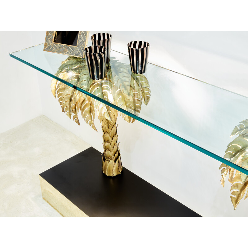 Vintage palm tree console in brass and glass for Maison Jansen, 1970