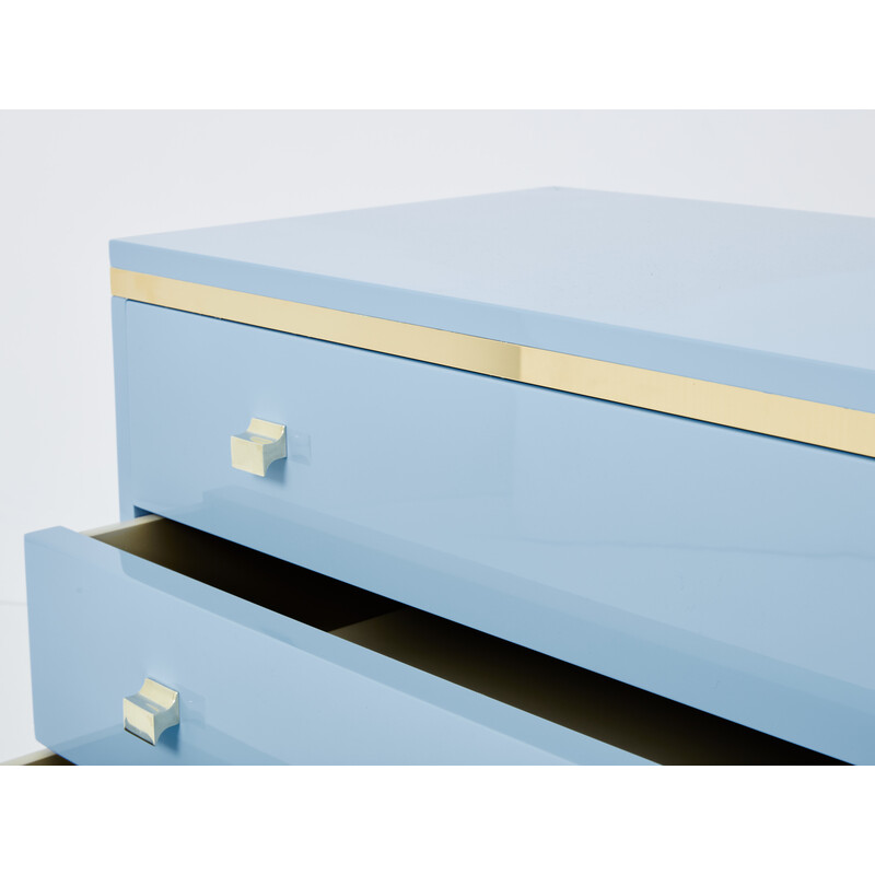 Vintage blue lacquered and brass chest of drawers, Italy 1970