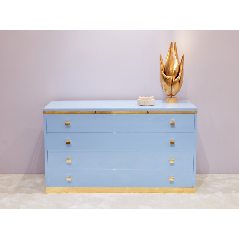Vintage blue lacquered and brass chest of drawers, Italy 1970