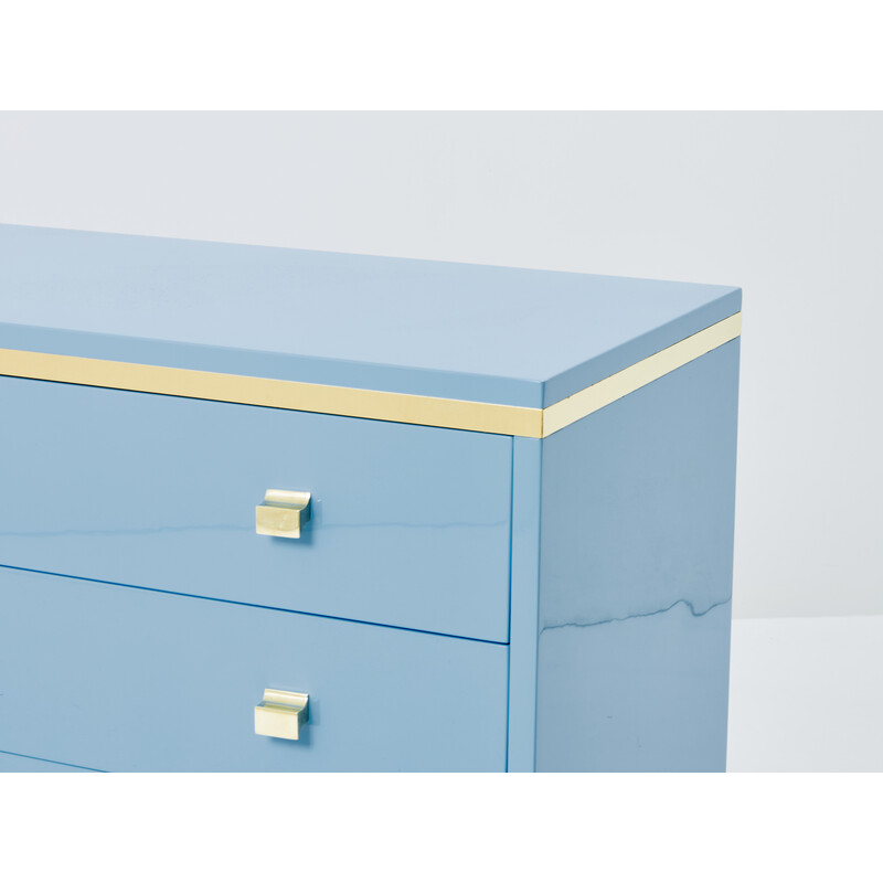 Vintage blue lacquered and brass chest of drawers, Italy 1970