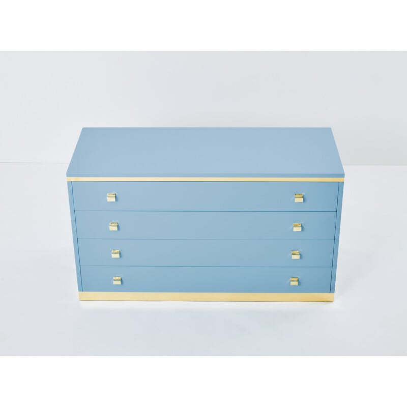 Vintage blue lacquered and brass chest of drawers, Italy 1970