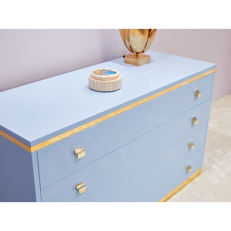 Vintage blue lacquered and brass chest of drawers, Italy 1970