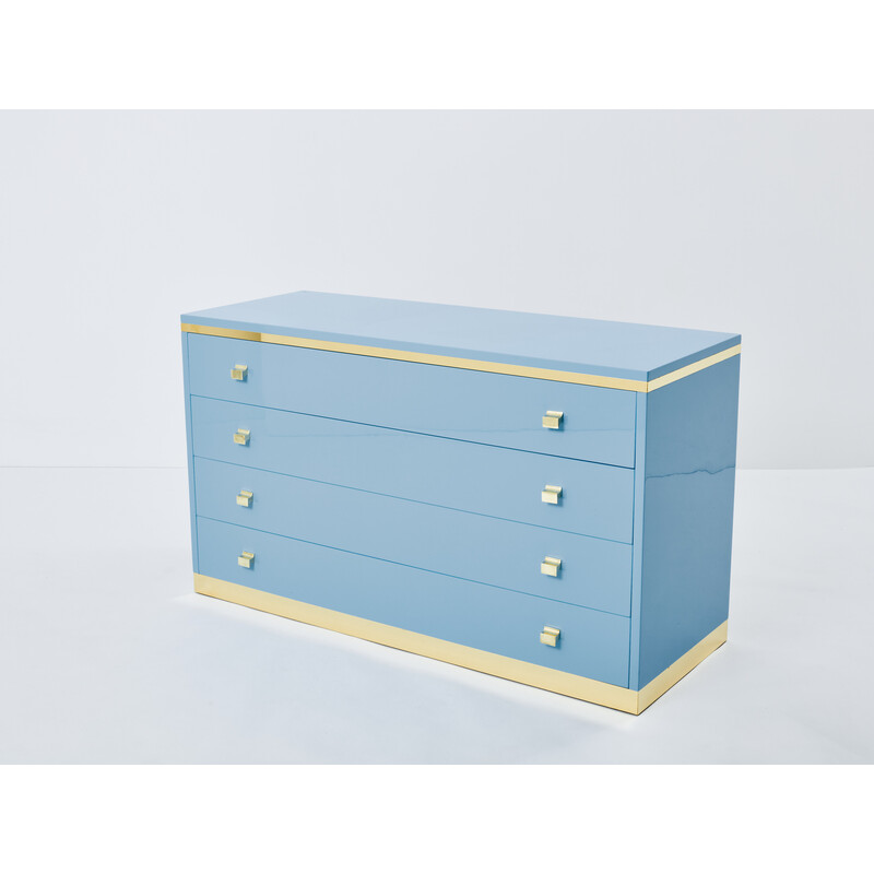 Vintage blue lacquered and brass chest of drawers, Italy 1970