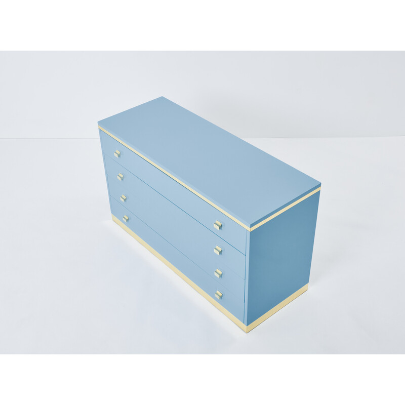 Vintage blue lacquered and brass chest of drawers, Italy 1970