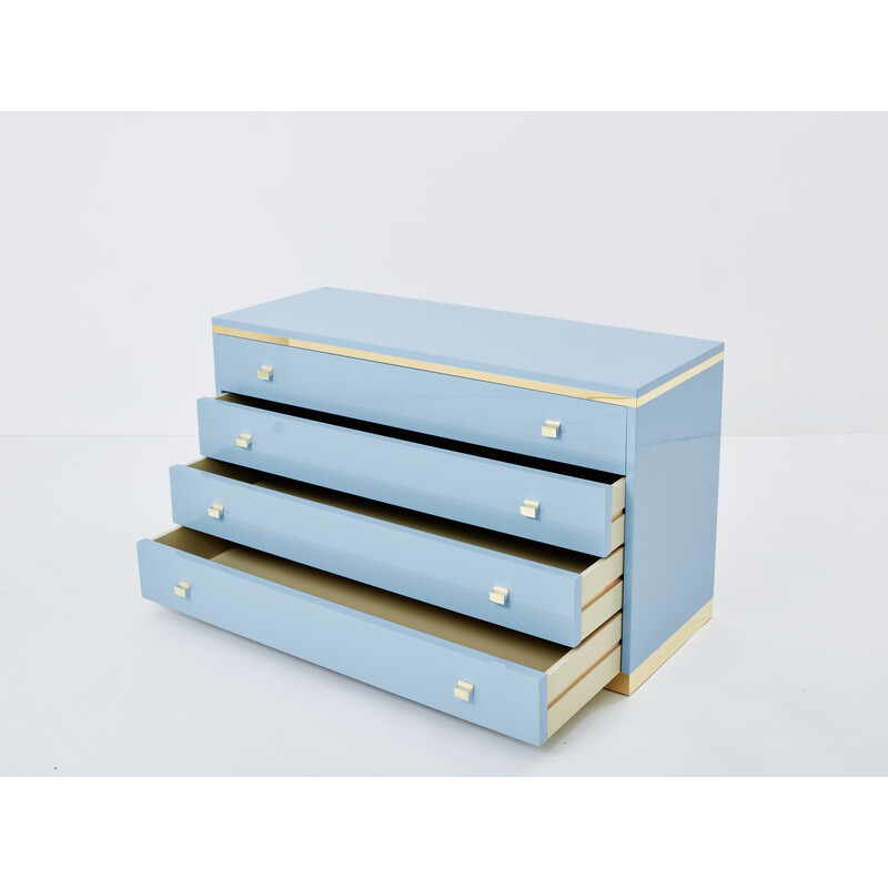 Vintage blue lacquered and brass chest of drawers, Italy 1970