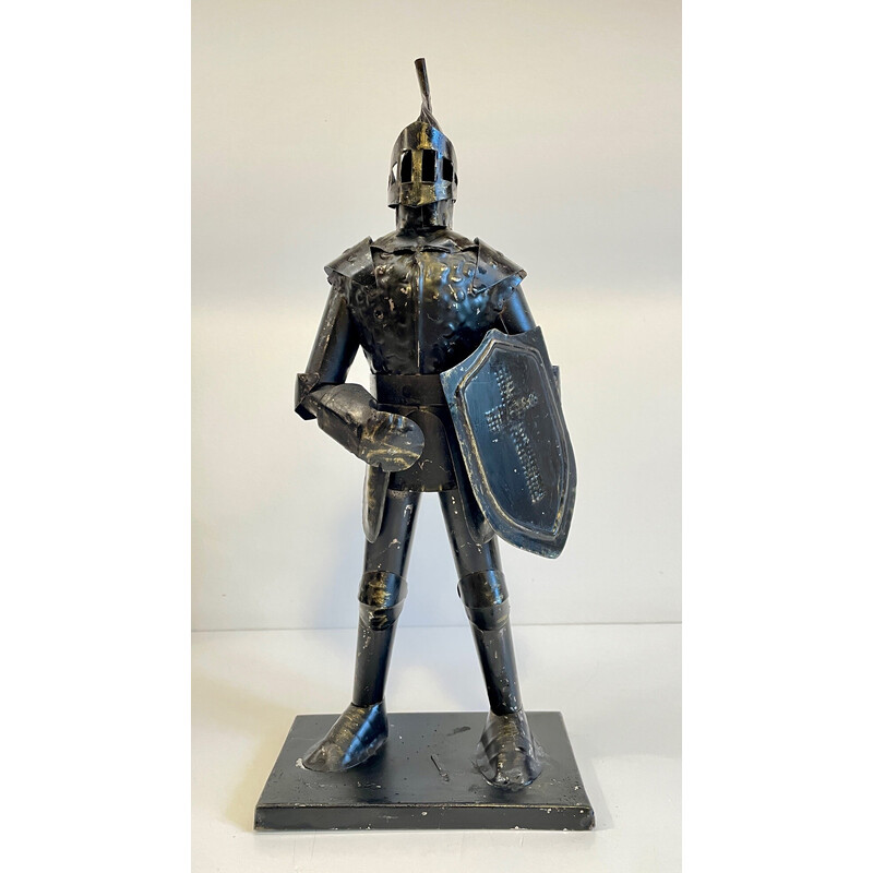 Vintage zwart gelakt ijzeren ridder in harnas beeldje