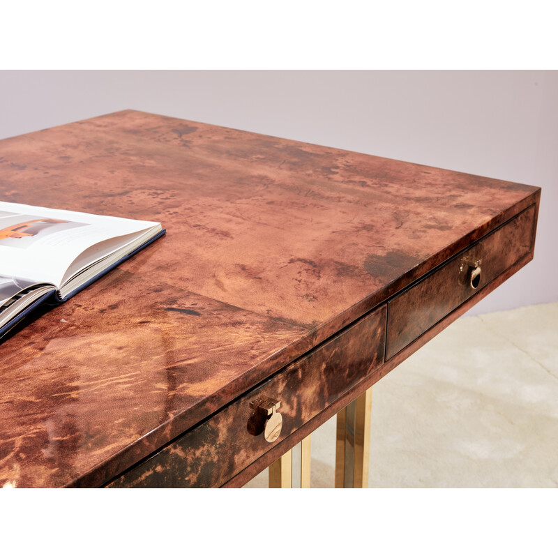 Vintage brass and chrome brown parchment desk by Aldo Tura, Italy 1960