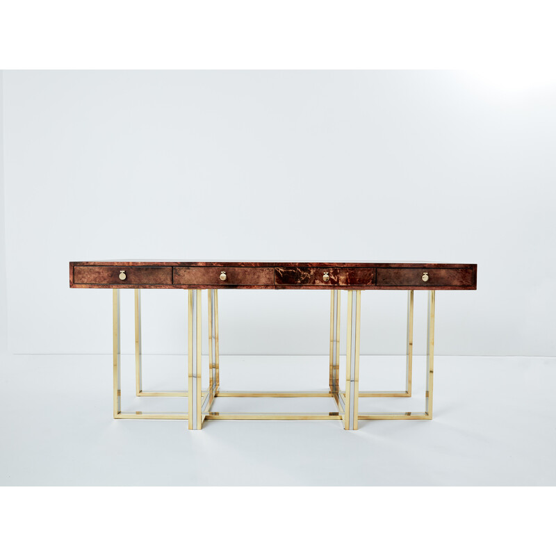 Vintage brass and chrome brown parchment desk by Aldo Tura, Italy 1960