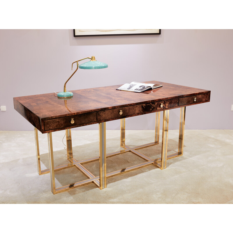 Vintage brass and chrome brown parchment desk by Aldo Tura, Italy 1960