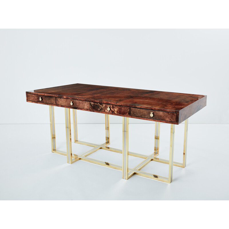 Vintage brass and chrome brown parchment desk by Aldo Tura, Italy 1960