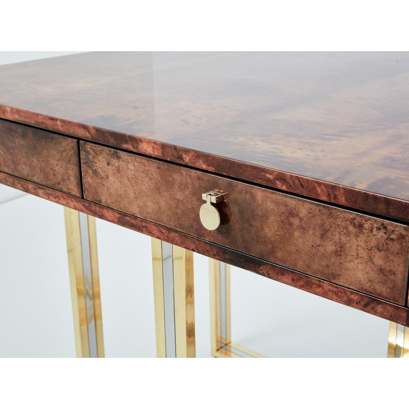 Vintage brass and chrome brown parchment desk by Aldo Tura, Italy 1960