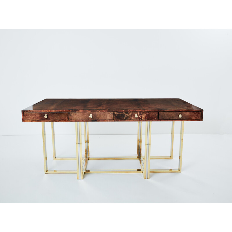 Vintage brass and chrome brown parchment desk by Aldo Tura, Italy 1960