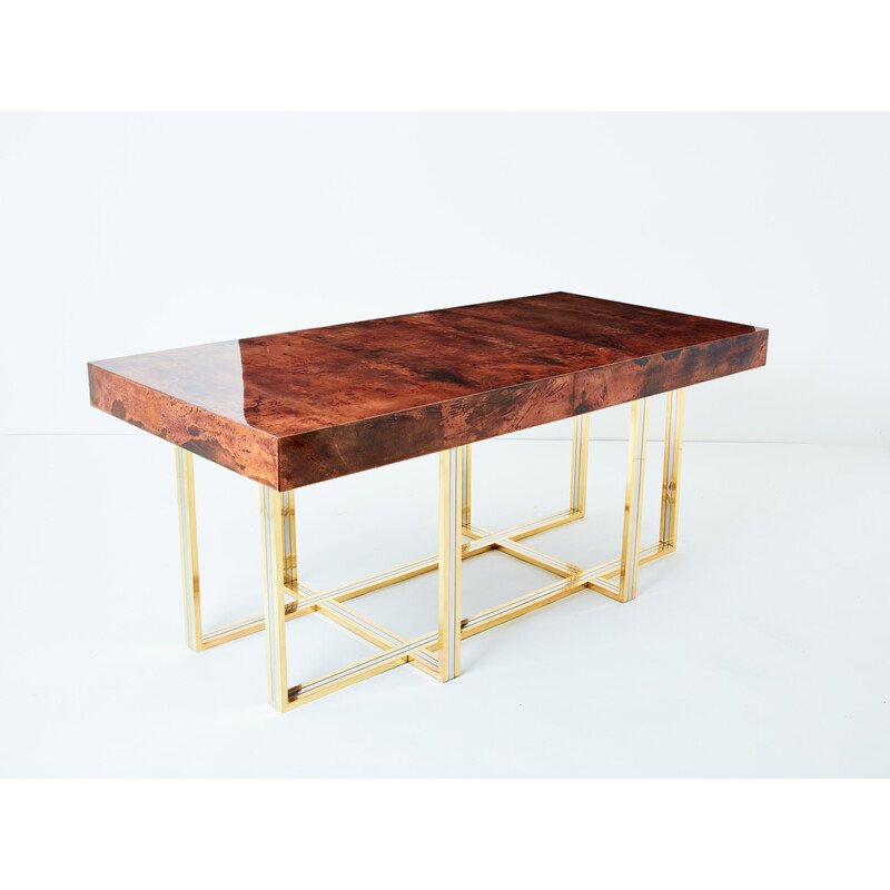 Vintage brass and chrome brown parchment desk by Aldo Tura, Italy 1960