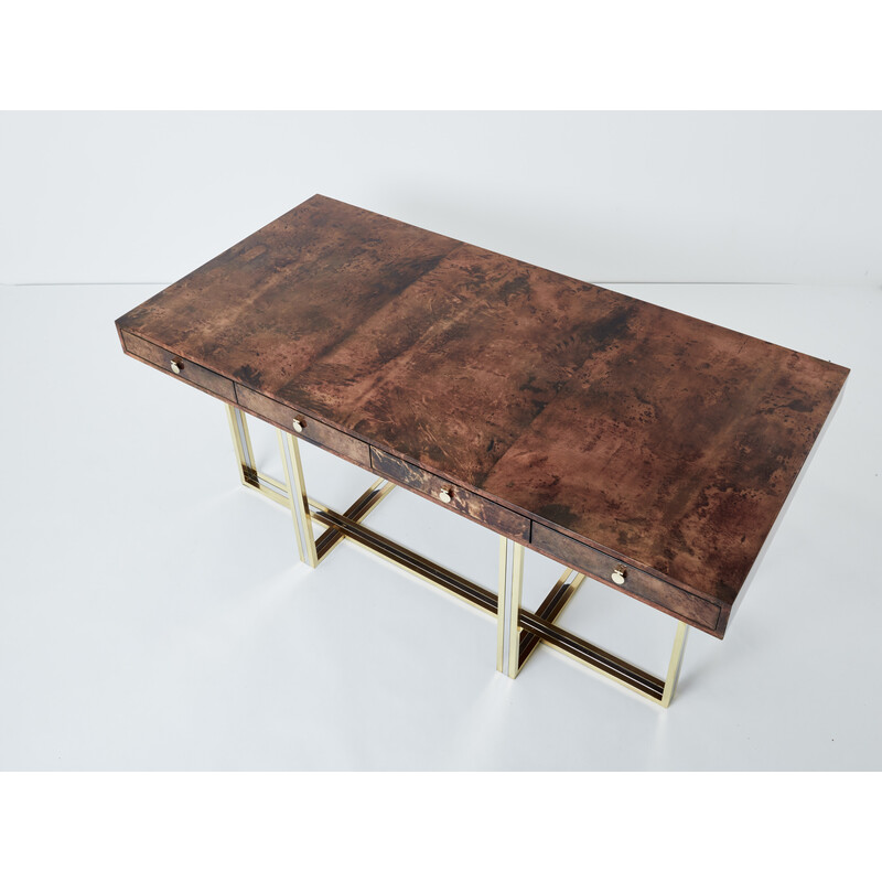 Vintage brass and chrome brown parchment desk by Aldo Tura, Italy 1960