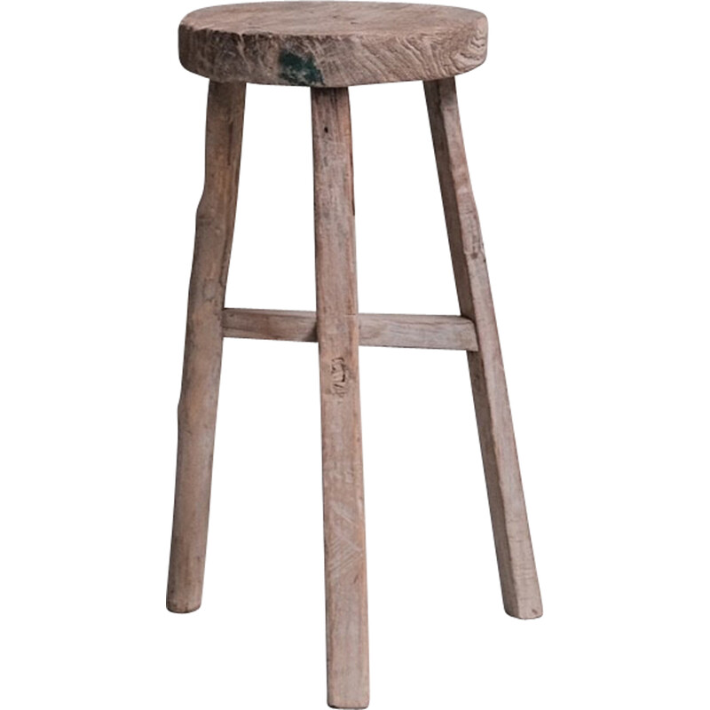 Vintage primitive French wooden stool, France 1940