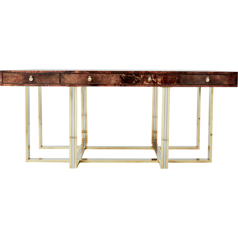 Vintage brass and chrome brown parchment desk by Aldo Tura, Italy 1960