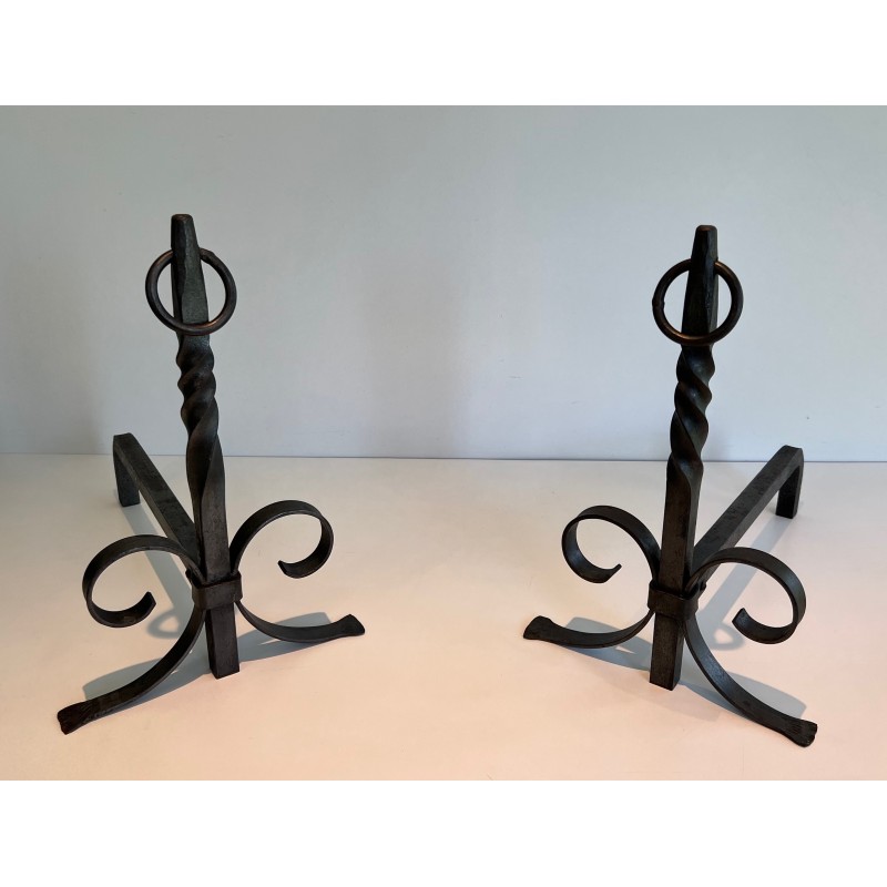 Pair of vintage wrought iron andirons, France 1950