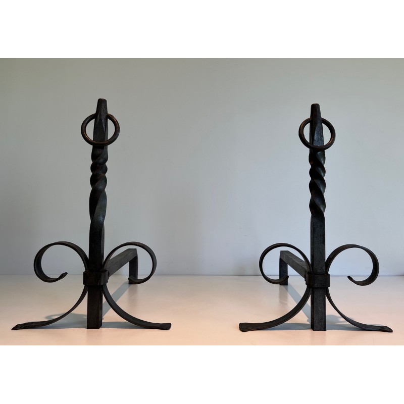 Pair of vintage wrought iron andirons, France 1950