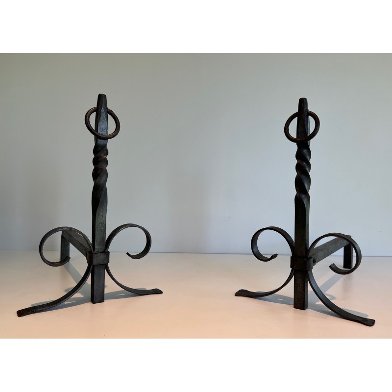 Pair of vintage wrought iron andirons, France 1950