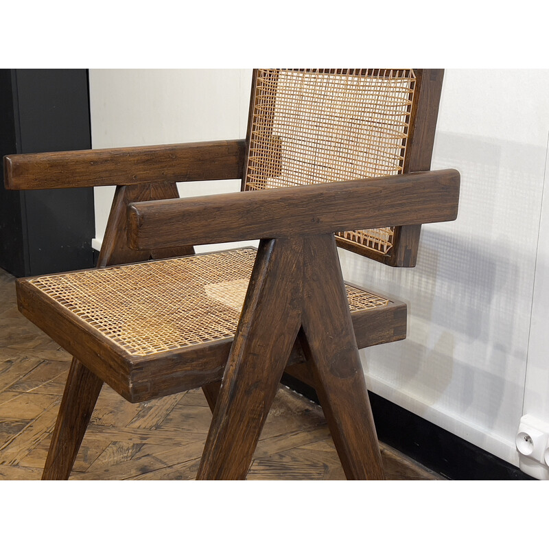 Vintage teak and canework office chair by Pierre Jeanneret for Chandigarh, 1950