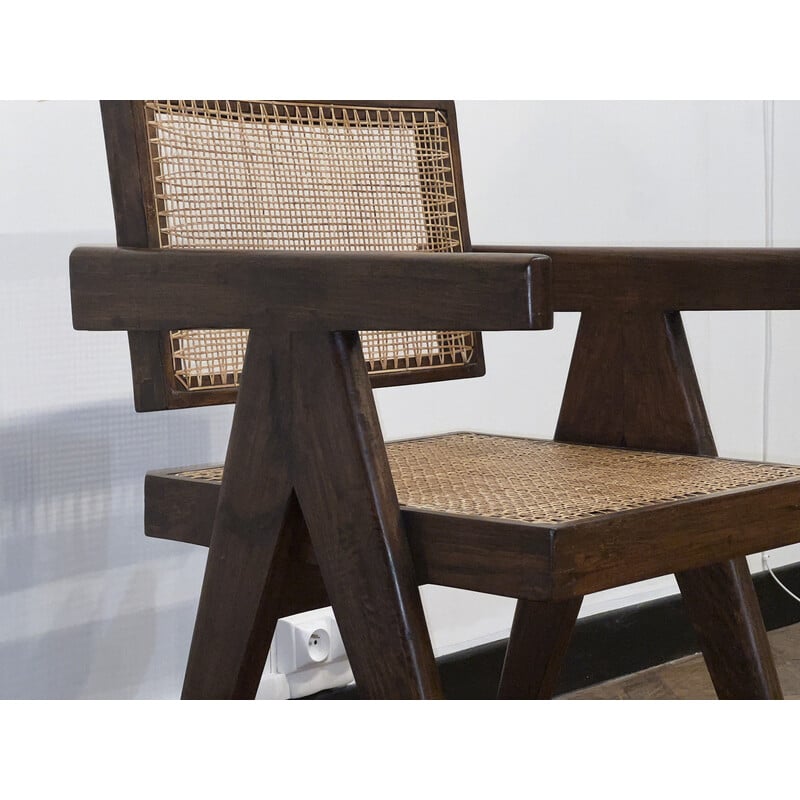 Chaise de bureau vintage en teck et cannage de Pierre Jeanneret pour Chandigarh, 1950