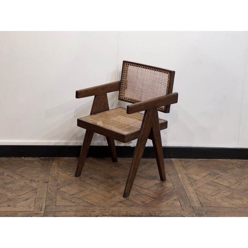 Chaise de bureau vintage en teck et cannage de Pierre Jeanneret pour Chandigarh, 1950