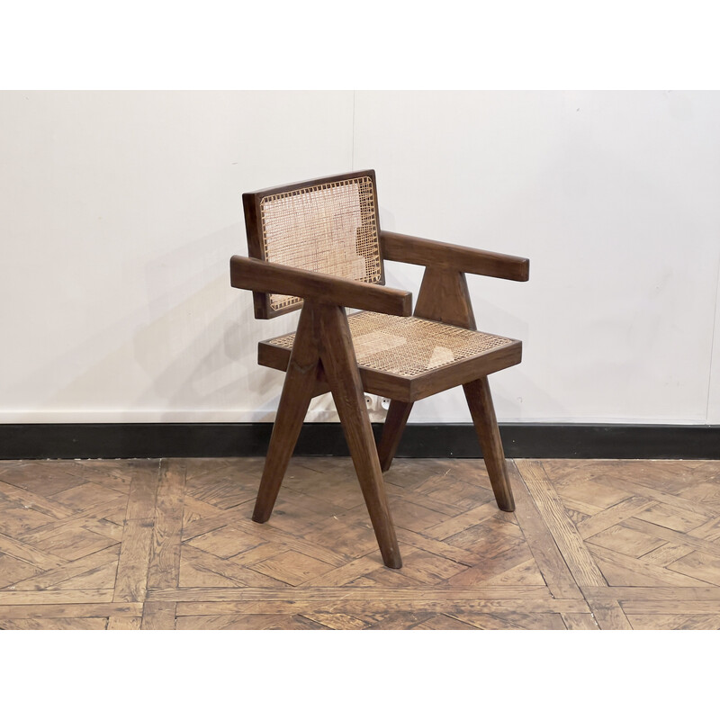 Vintage teak and canework office chair by Pierre Jeanneret for Chandigarh, 1950