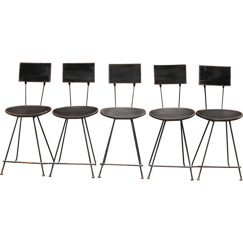 Conjunto de 5 cadeiras de bar vintage em madeira e metal lacado a preto