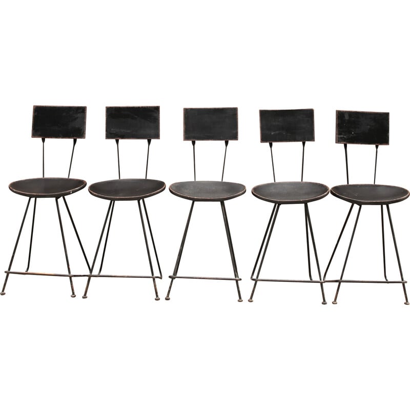 Set of 5 vintage bar chairs in wood and black lacquered metal