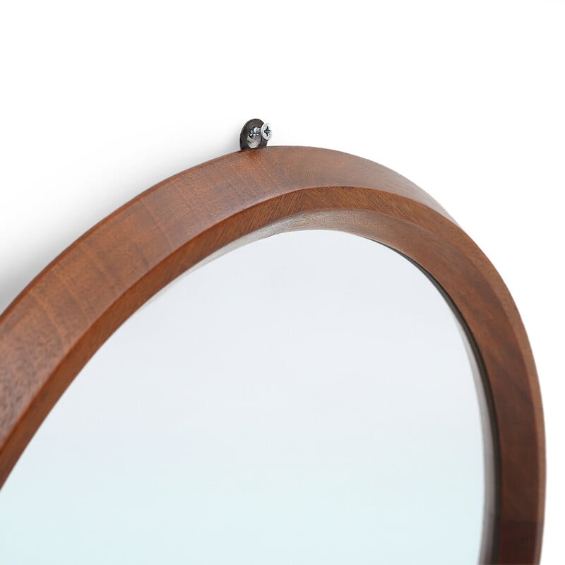 Specchio vintage con cornice rotonda in legno, Italia 1960
